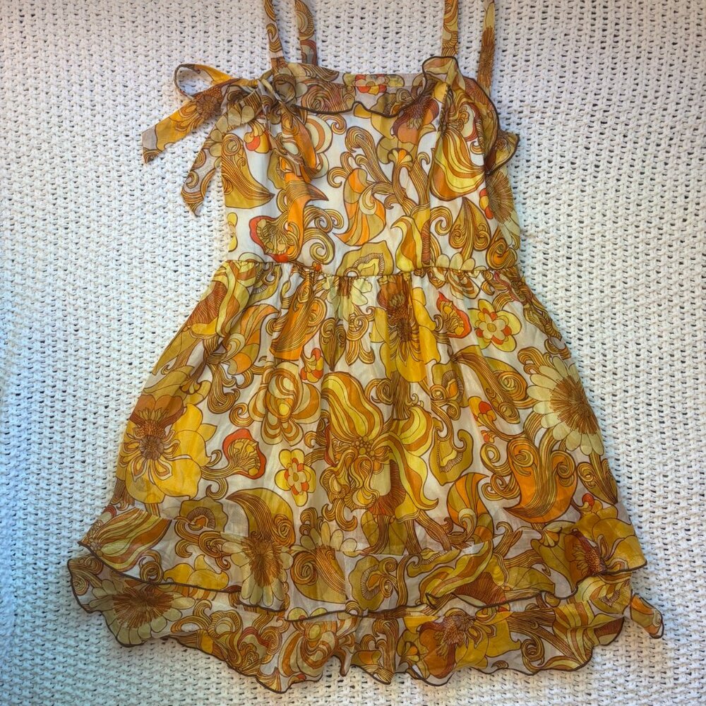Anna Sui Silk Cocktail Dress, Gold, Size 4 💛 Two-Way Strapless or Babydoll - Picture 2 of 13
